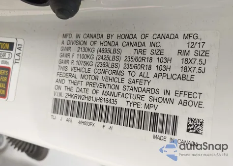 2018 Honda Cr-V Ex-L/Ex-L Navi из США, поврежденный, VIN 2HKRW2H81JH616435